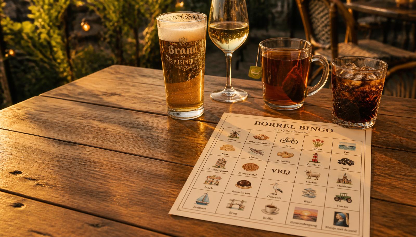 Terrastafel met biertje, wijntje, thee, cola en een bingokaart in warm avondlicht